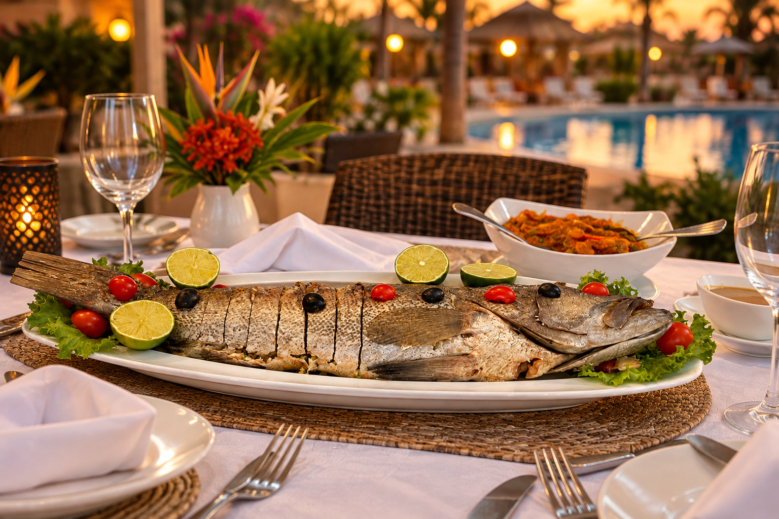 Visuel d’ambiance temporaire : poisson sur une table dressée, décor illustratif ne représentant pas les espaces de l’Hôtel Dior
