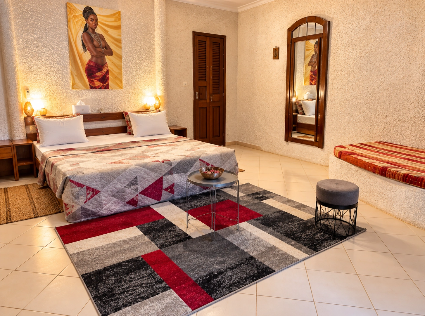 Chambre Supérieure : seconde perspective du lit et du tapis géométrique