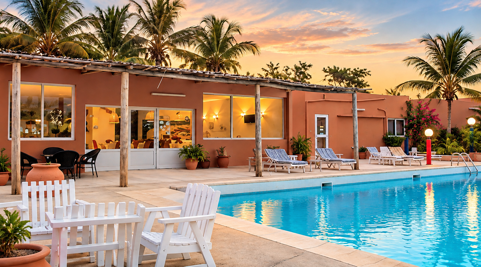 La piscine, la terrasse et les palmiers réels de l’Hôtel Dior au coucher du soleil